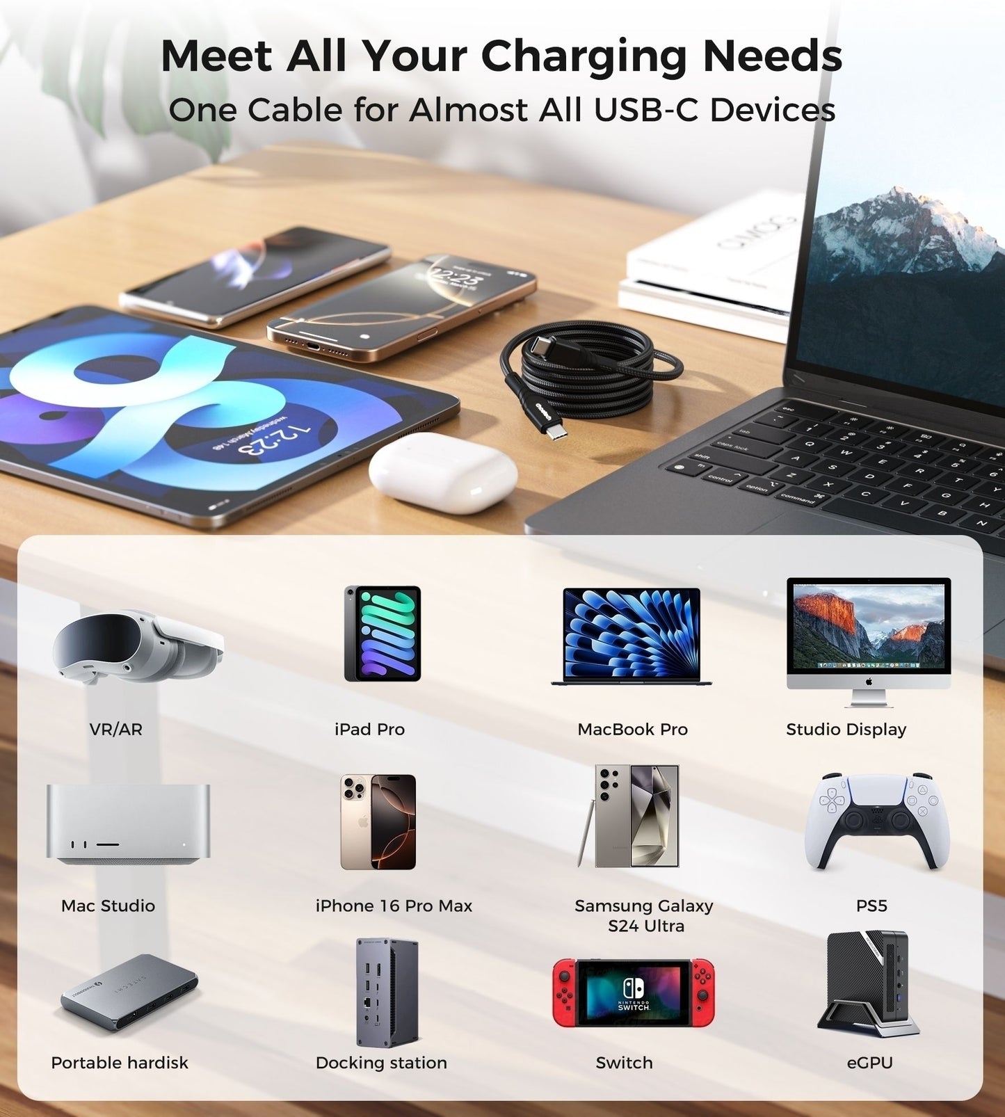 CHOETECH XCC-1008 USB-C-C PD100W M to M Fast charging Cable 1M Black