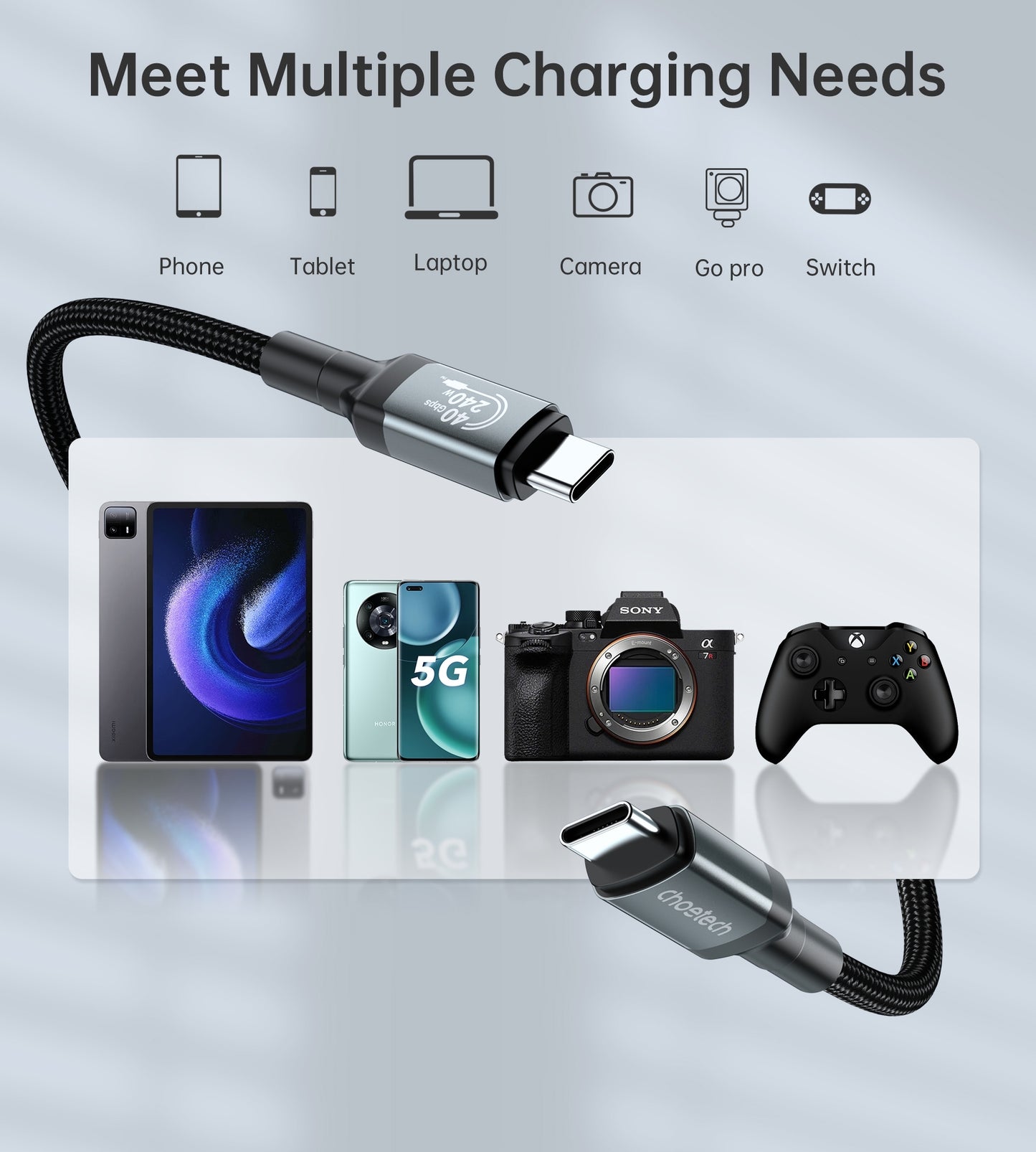 CHOETECH XCC-1042 Gen3.0 USB4.0 with 8K @ 60hz Video & Audio 240W USB-C to C Braided Cable 2M