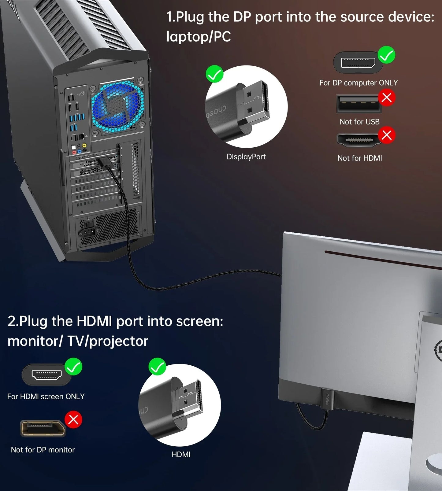 CHOETECH XDH01 4K 60Hz DisplayPort Male to HDMI Male Braided Cable 2M - Mekamart Australia