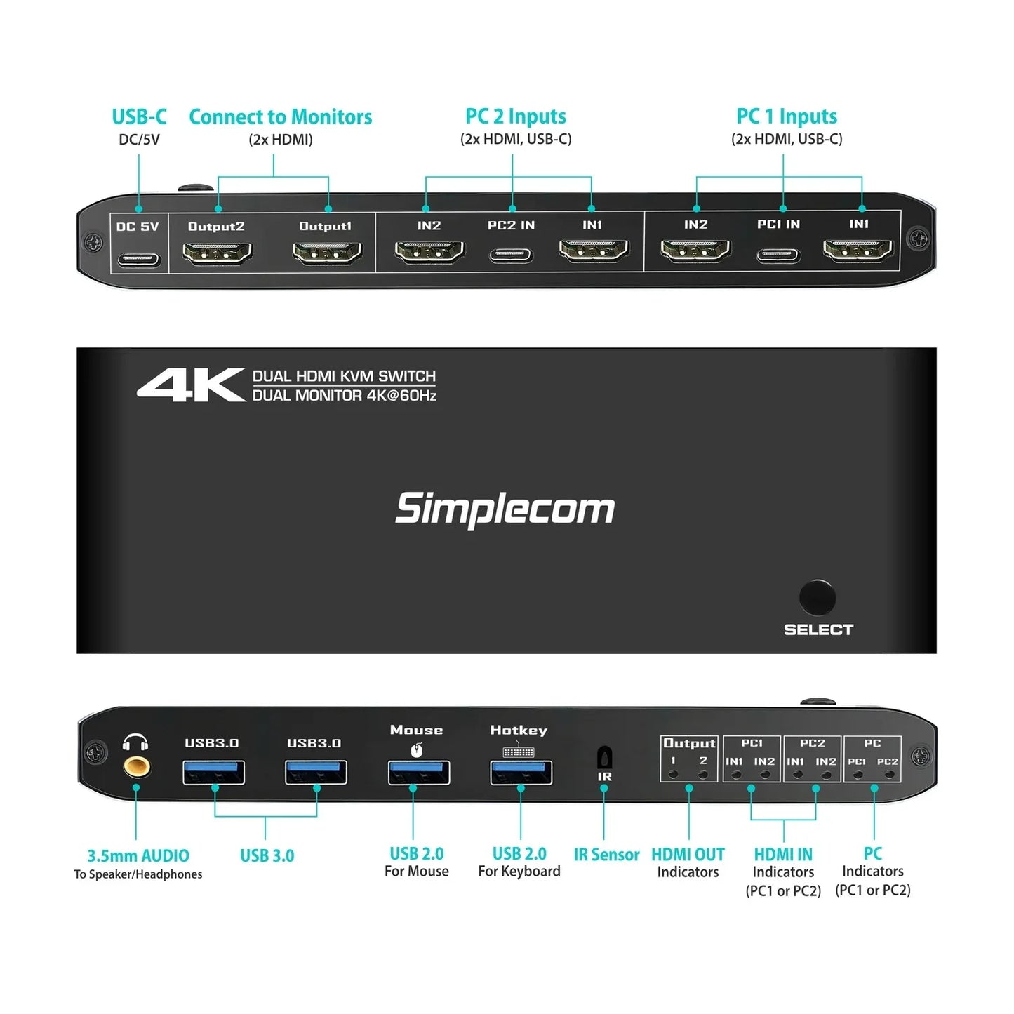 Simplecom KM430 Dual HDMI Monitor KVM Switch for 2 Computers with 4-Port USB Hub 4K@60Hz Keyboard Hotkey - Mekamart Australia