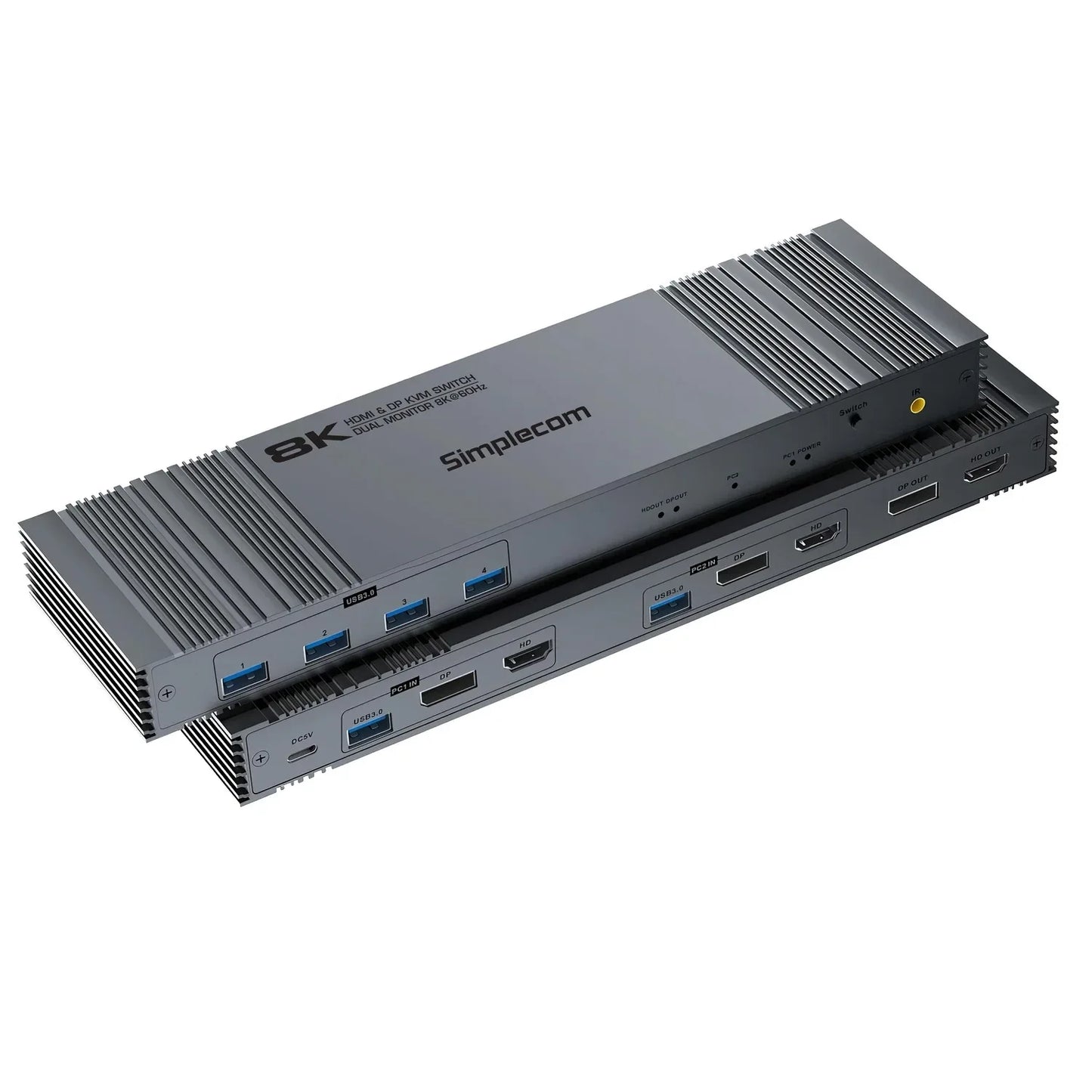 Simplecom KM490 HDMI and DisplayPort Dual Monitor KVM Switch for 2 Computers with 4-Port USB 3.0 Hub 5Gbps 8K@60Hz - Mekamart Australia