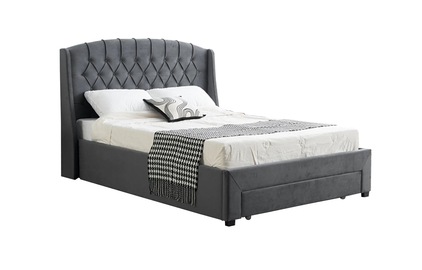 Paris Tall Tufted Velvet Dark Grey Bed with Storage Drawer - King - Mekamart Australia