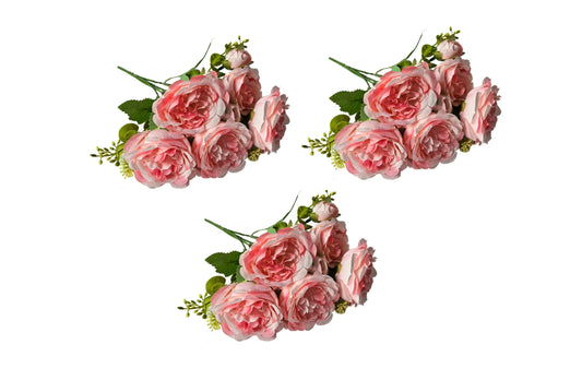 Artificial Rose Bunch – 31cm (Set of 3 Stems, 4 Flowers Each) - Coral - Mekamart Australia