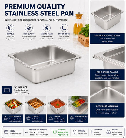 Commercial Stainless Steel GN 1/2 100mm Deep Gastronorm Bain Marie Buffet Steam Table Food Pan