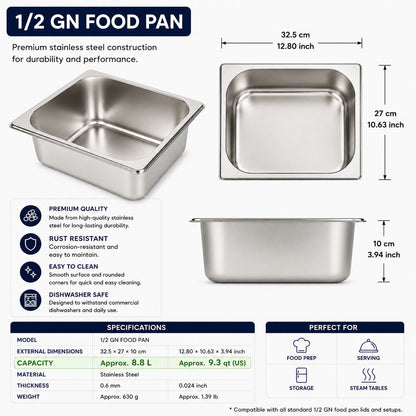 Commercial Stainless Steel GN 1/2 100mm Deep Gastronorm Bain Marie Buffet Steam Table Food Pan with Lid