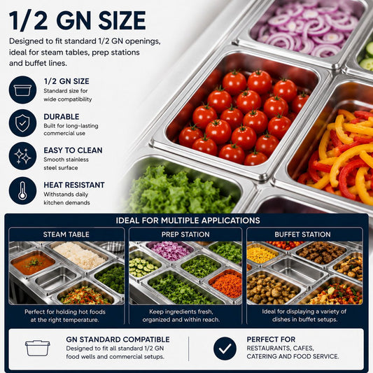 Commercial Stainless Steel GN 1/2 150mm Deep Gastronorm Bain Marie Buffet Steam Table Food Pan
