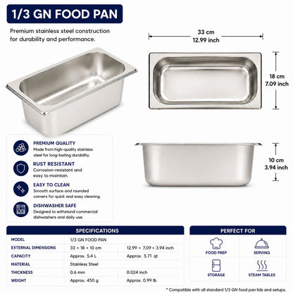 Commercial Stainless Steel GN 1/3 100mm Deep Gastronorm Bain Marie Buffet Steam Table Food Pan with Lid