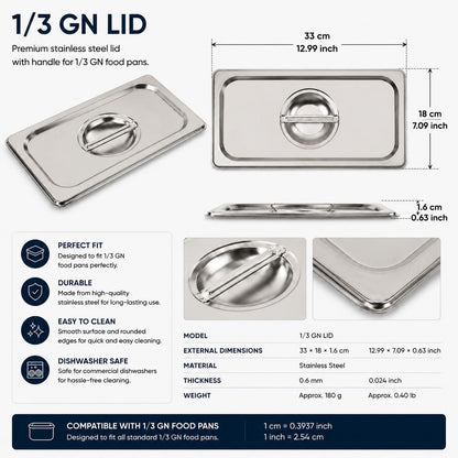 Commercial Stainless Steel GN 1/3 150mm Deep Gastronorm Bain Marie Buffet Steam Table Food Pan with Lid