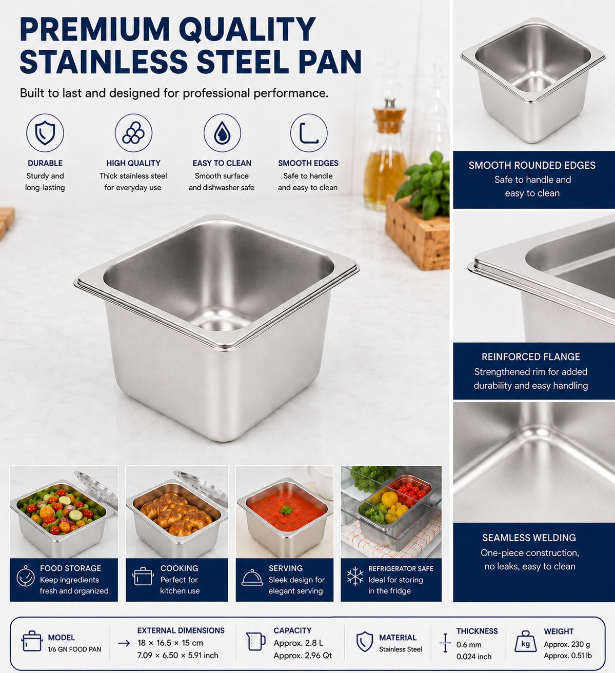 Commercial Stainless Steel GN 1/6 100mm Deep Gastronorm Bain Marie Buffet Steam Table Food Pan
