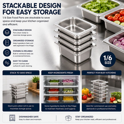 Commercial Stainless Steel GN 1/6 100mm Deep Gastronorm Bain Marie Buffet Steam Table Food Pan
