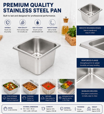 Commercial Stainless Steel GN 1/6 100mm Deep Gastronorm Bain Marie Buffet Steam Table Food Pan with Lid