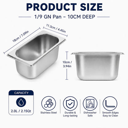 Commercial Stainless Steel GN 1/9 100mm Deep Gastronorm Bain Marie Buffet Steam Table Food Pan with Lid