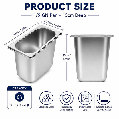 Commercial Stainless Steel GN 1/9 150mm Deep Gastronorm Bain Marie Buffet Steam Table Food Pan