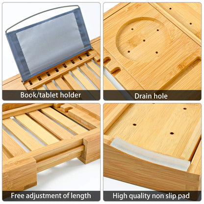 Bamboo Bathtub Bath tub Tray Table Caddy Tray Cellphone,Book,Tray Wineglass Holder - Mekamart Australia