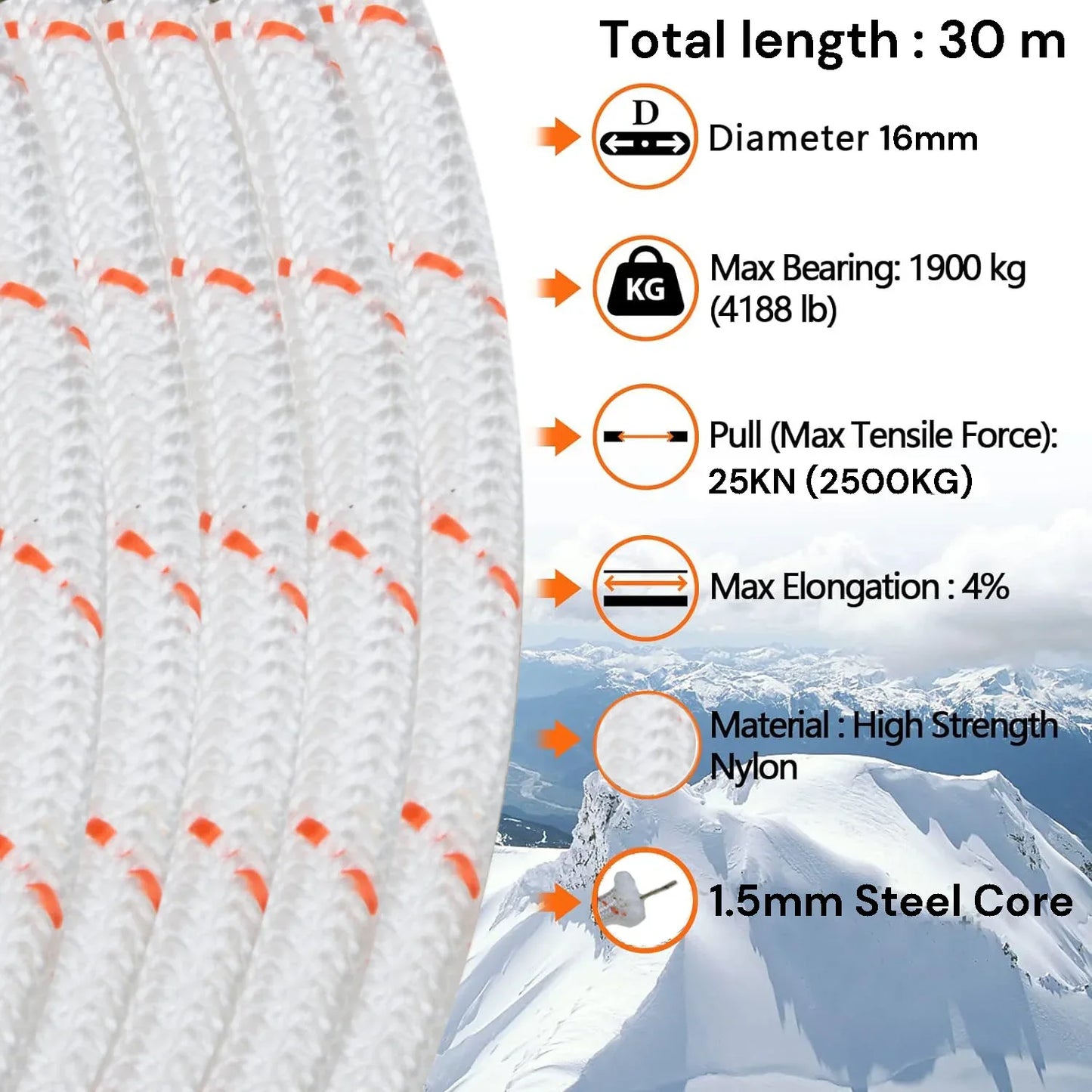 16mm 30m Safety Climbing Rope Nylon Rock Static Outdoor Boat Anchor Marine Rope Dock Lines Rope - Mekamart Australia