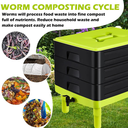 60L Large Worm Farm 3 Trays Worm Composter Bins Composting System Worm Tea - Mekamart Australia