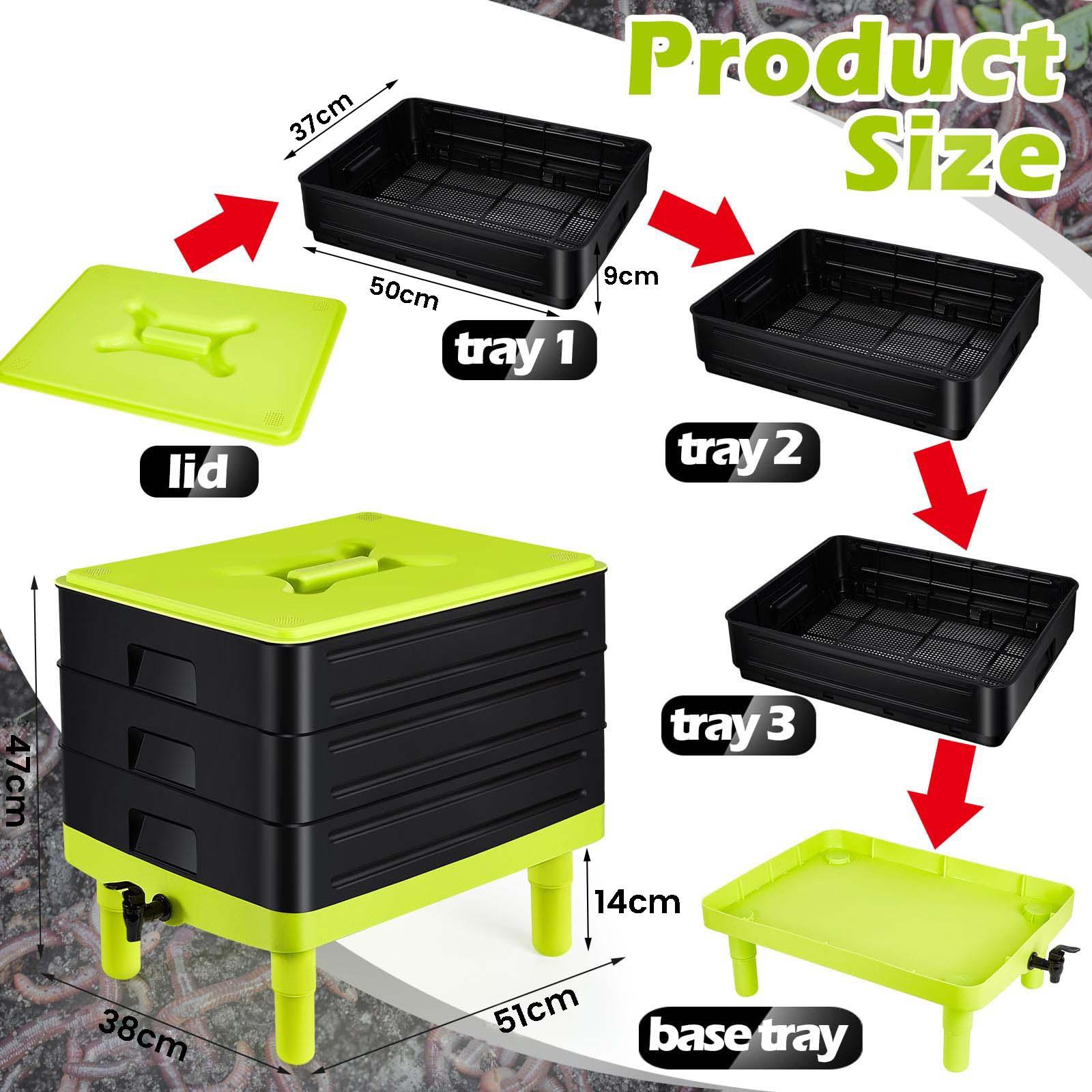 60L Large Worm Farm 3 Trays Worm Composter Bins Composting System Worm Tea - Mekamart Australia