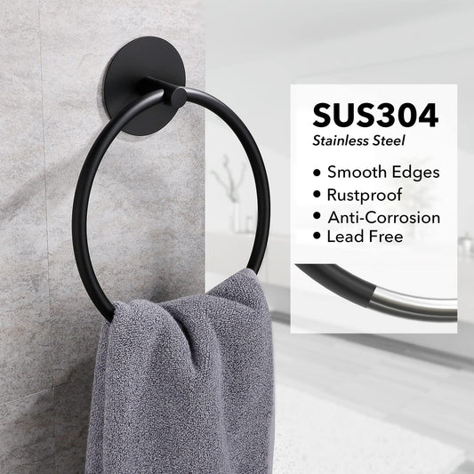 Bathroom Towel Ring Bathroom Towel Rack Adhesive Hand Towels Holder Towel Hanger Round Black - Mekamart Australia