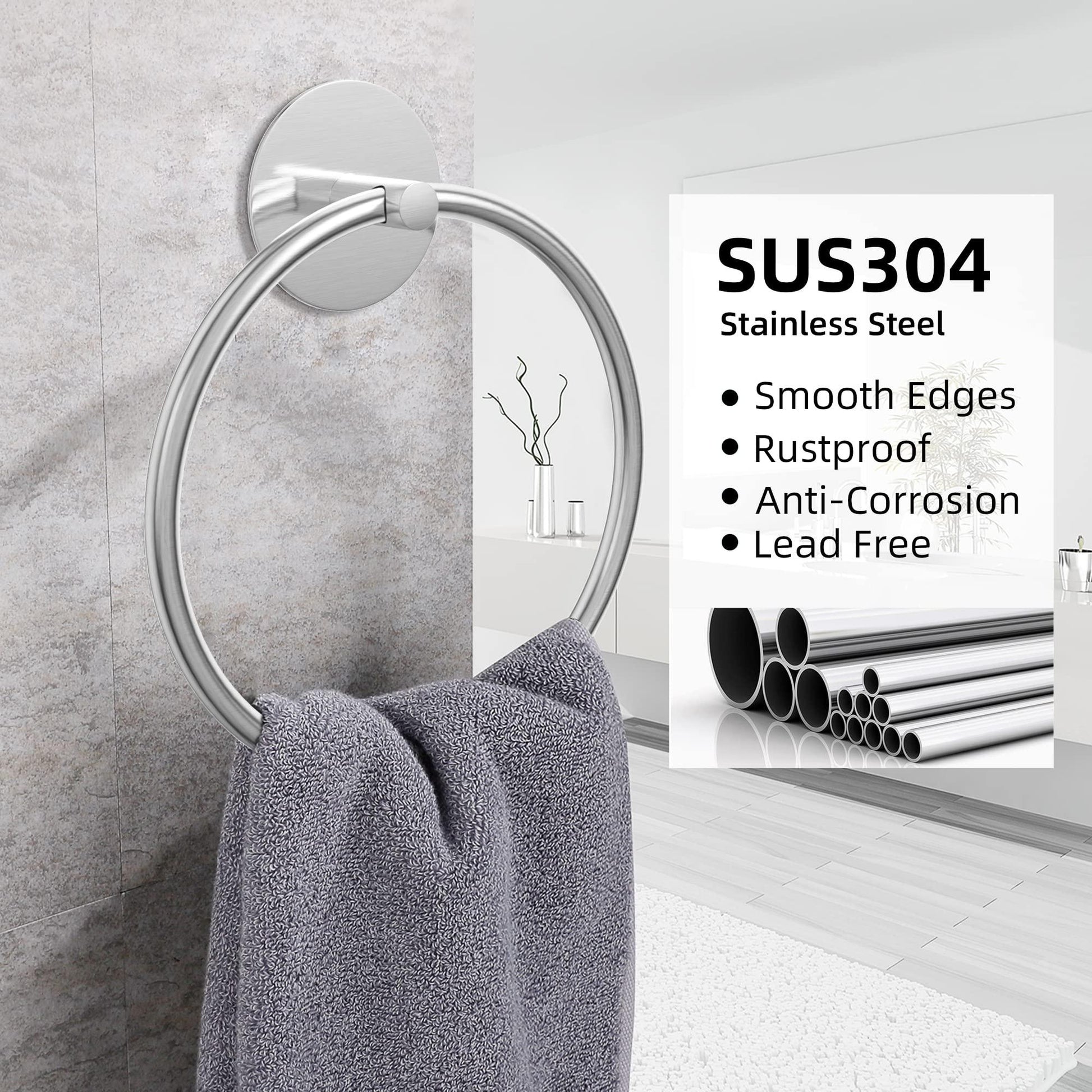 Bathroom Towel Ring Bathroom Towel Rack Adhesive Hand Towels Holder Towel Hanger Round Silver - Mekamart Australia