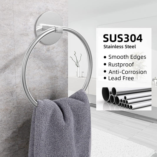 Bathroom Towel Ring Bathroom Towel Rack Adhesive Hand Towels Holder Towel Hanger Round Silver - Mekamart Australia