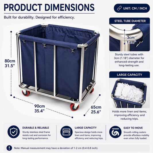 Commercial Laundry Trolley 90x65x80cm Large Capacity Linen Cart with 2 Swivel & 2 Fixed Wheels Navy