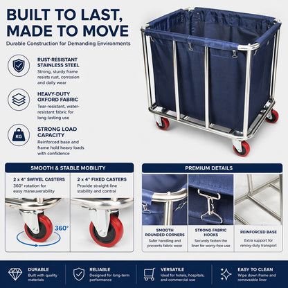 Commercial Laundry Trolley 90x65x80cm Large Capacity Linen Cart with 2 Swivel & 2 Fixed Wheels Navy