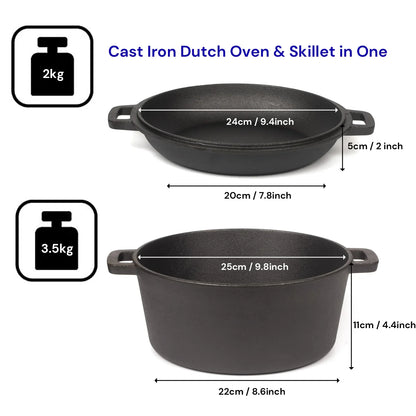 26cm 2-in-1 Cast Iron Dutch Oven & Skillet Set Pre-Seasoned Dual-Use Pot with Lid Fry Pan, Durable & Versatile Cookware - Mekamart Australia