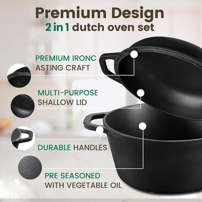 26cm 2-in-1 Cast Iron Dutch Oven & Skillet Set Pre-Seasoned Dual-Use Pot with Lid Fry Pan, Durable & Versatile Cookware - Mekamart Australia