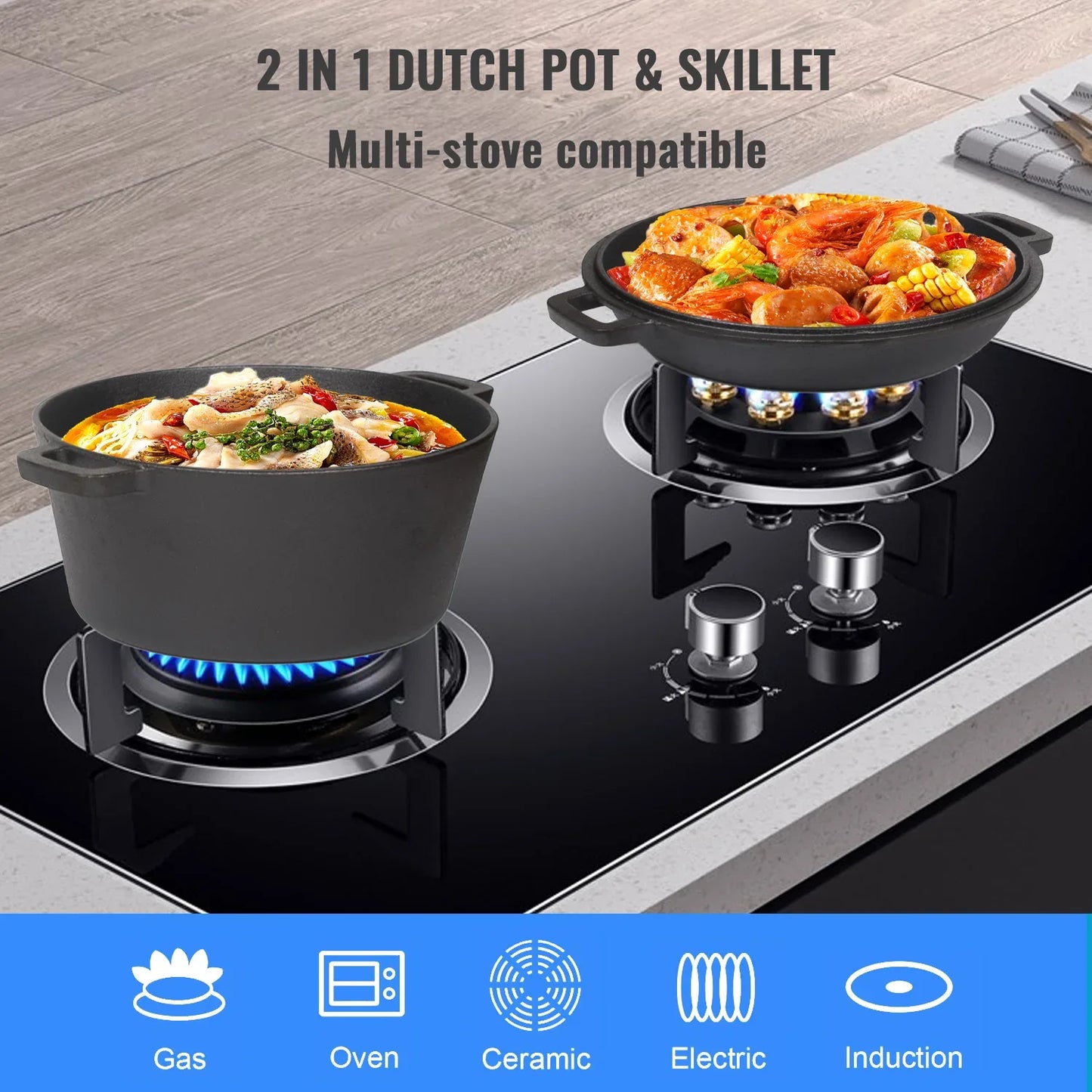 26cm 2-in-1 Cast Iron Dutch Oven & Skillet Set Pre-Seasoned Dual-Use Pot with Lid Fry Pan, Durable & Versatile Cookware - Mekamart Australia