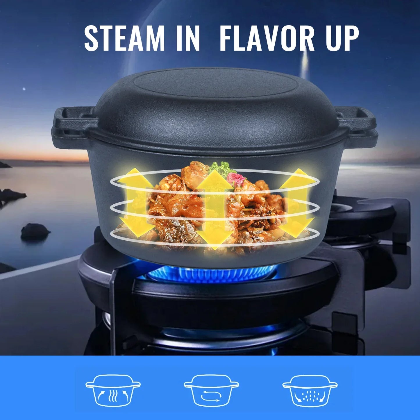 26cm 2-in-1 Cast Iron Dutch Oven & Skillet Set Pre-Seasoned Dual-Use Pot with Lid Fry Pan, Durable & Versatile Cookware - Mekamart Australia