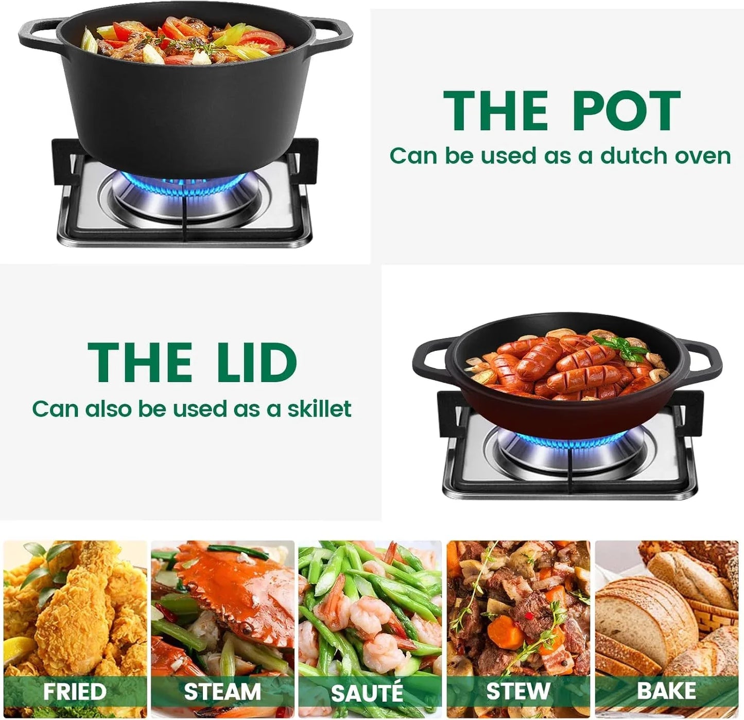 26cm 2-in-1 Cast Iron Dutch Oven & Skillet Set Pre-Seasoned Dual-Use Pot with Lid Fry Pan, Durable & Versatile Cookware - Mekamart Australia