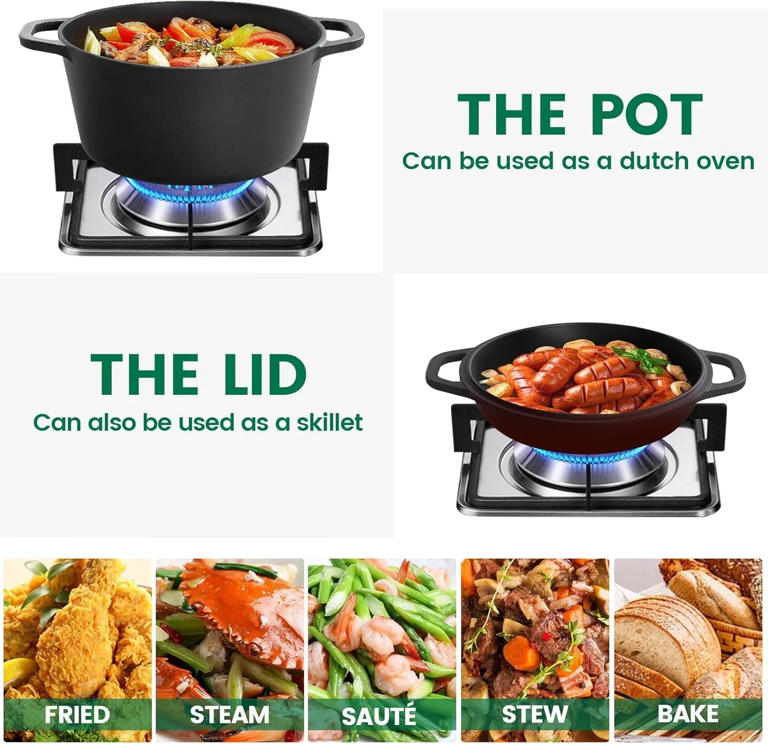 26cm 2-in-1 Cast Iron Dutch Oven & Skillet Set Pre-Seasoned Dual-Use Pot with Lid Fry Pan, Durable & Versatile Cookware - Mekamart Australia