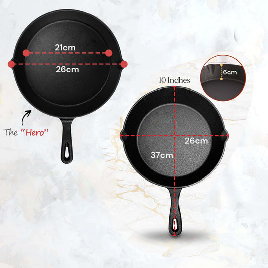 10inch 26cm Cast Iron Skillet Cookware Chef Quality Pre-Seasoned Pan Pans - Mekamart Australia