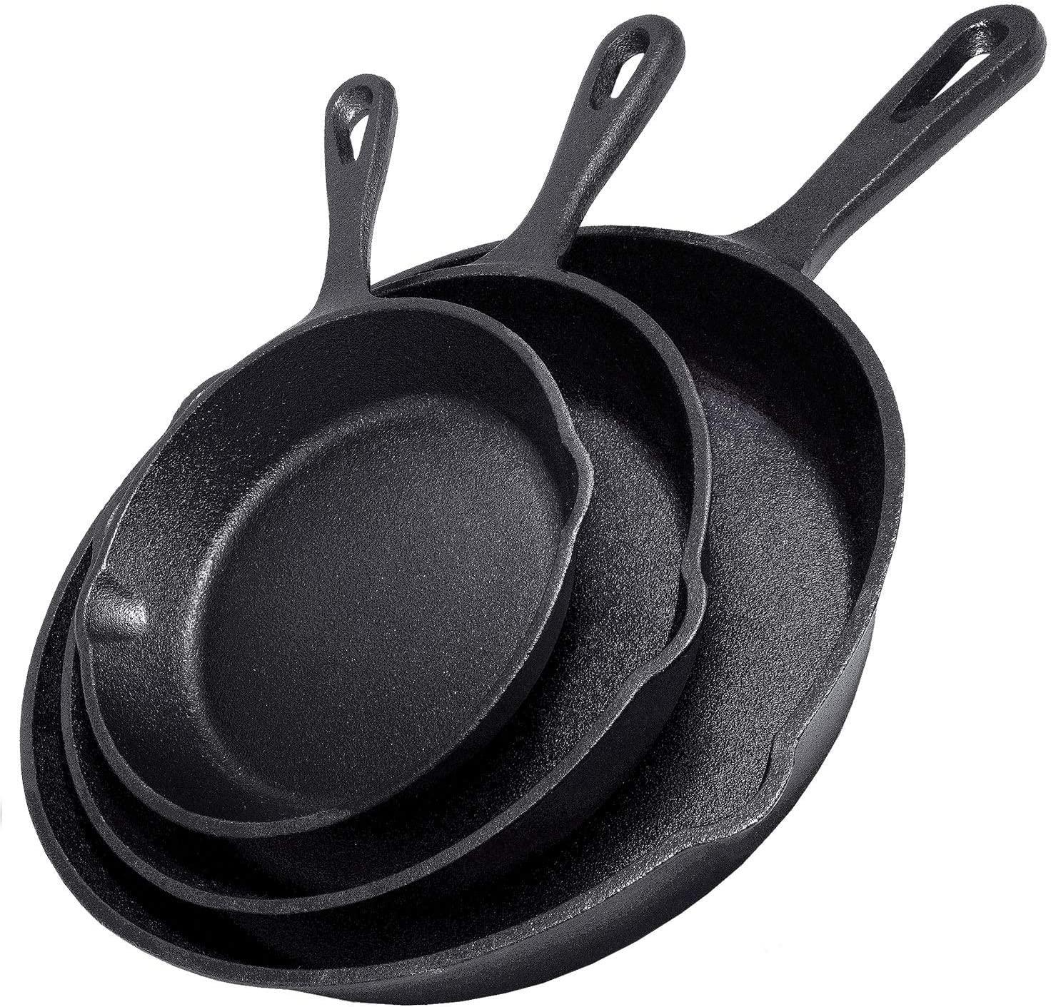 Cast Iron Skillet Cookware 3-Piece Set Chef Quality Pre-Seasoned Pan 10" 8" 6" Pans - Mekamart Australia