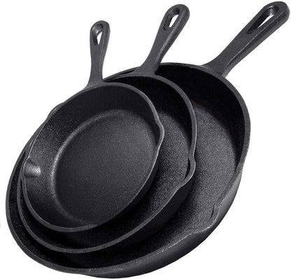 Cast Iron Skillet Cookware 3-Piece Set Chef Quality Pre-Seasoned Pan 10" 8" 6" Pans - Mekamart Australia
