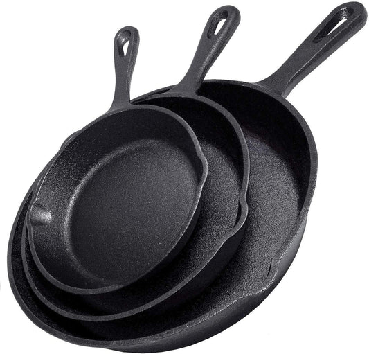 Cast Iron Skillet Cookware 3-Piece Set Chef Quality Pre-Seasoned Pan 10" 8" 6" Pans - Mekamart Australia
