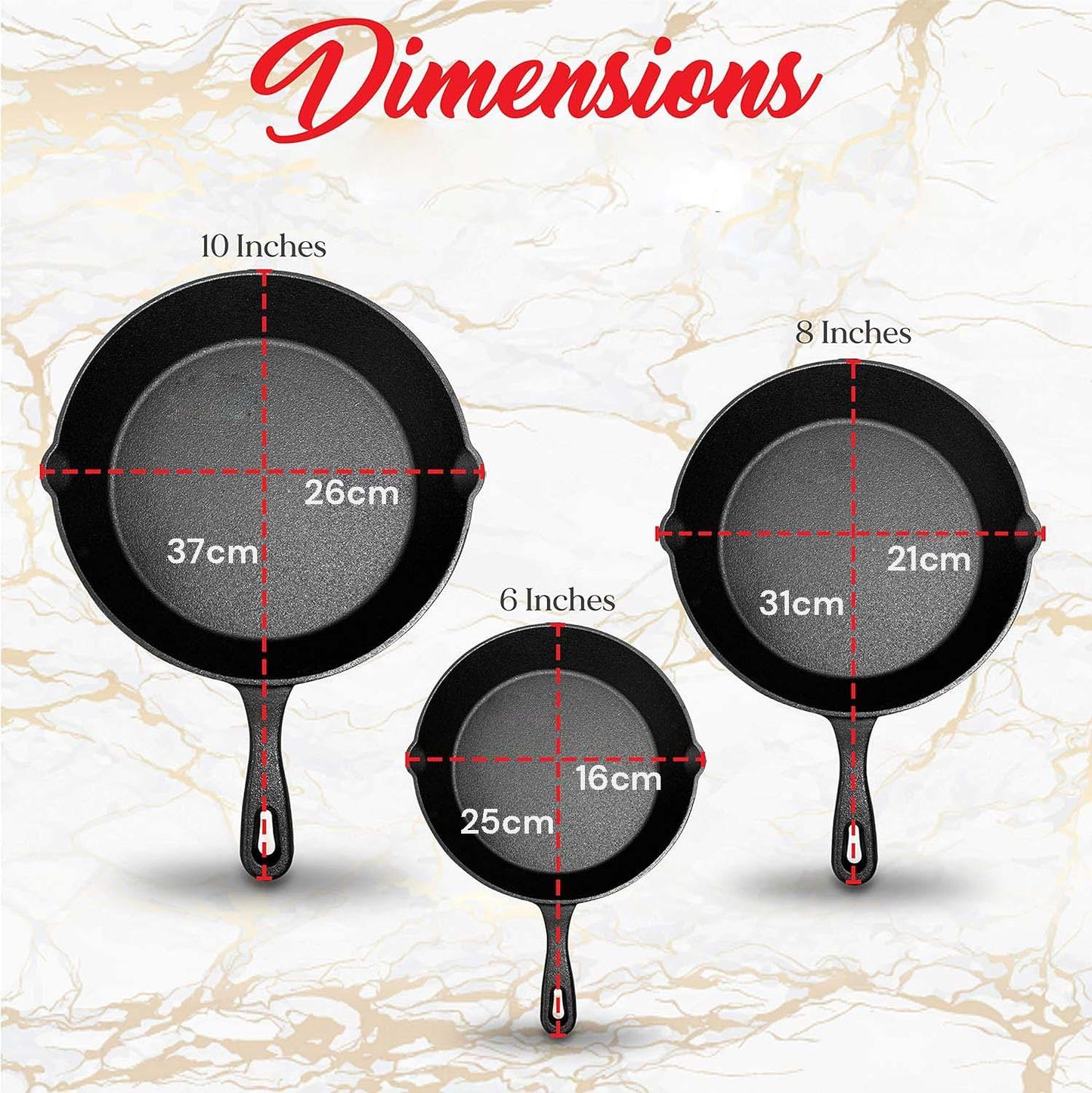 Cast Iron Skillet Cookware 3-Piece Set Chef Quality Pre-Seasoned Pan 10" 8" 6" Pans - Mekamart Australia