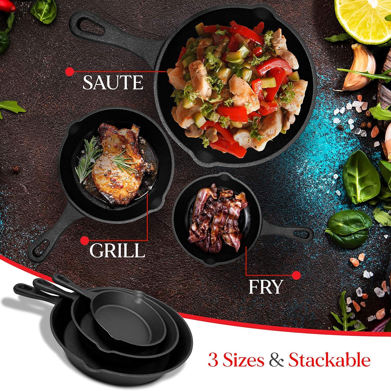 Cast Iron Skillet Cookware 3-Piece Set Chef Quality Pre-Seasoned Pan 10" 8" 6" Pans - Mekamart Australia