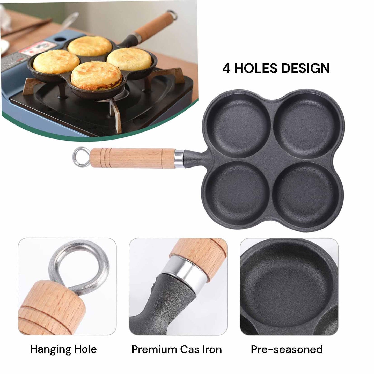 4 Cup Cast Iron Egg Frying Pan Divided Egg Skillet Pan Fried Egg Pan Cooker Pancake Egg Fryer - Mekamart Australia