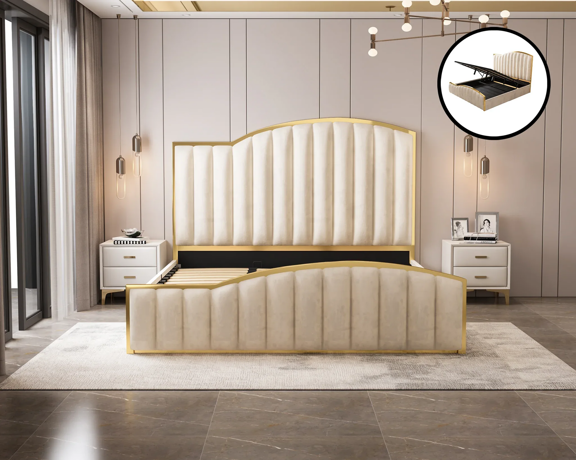 Elegant Luxury King Size Bedframe in Beige with Gas Lift Storage Velvet Fabric Golden Trim - Mekamart Australia