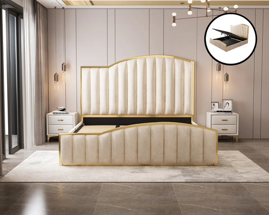 Elegant Luxury King Size Bedframe in Beige with Gas Lift Storage Velvet Fabric Golden Trim - Mekamart Australia