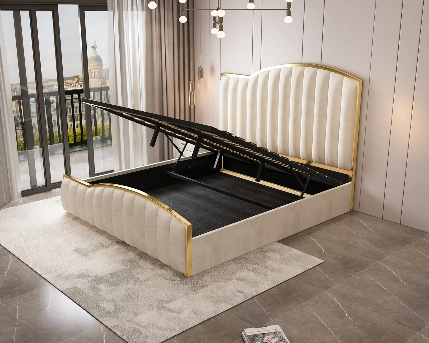 Elegant Luxury King Size Bedframe in Beige with Gas Lift Storage Velvet Fabric Golden Trim - Mekamart Australia