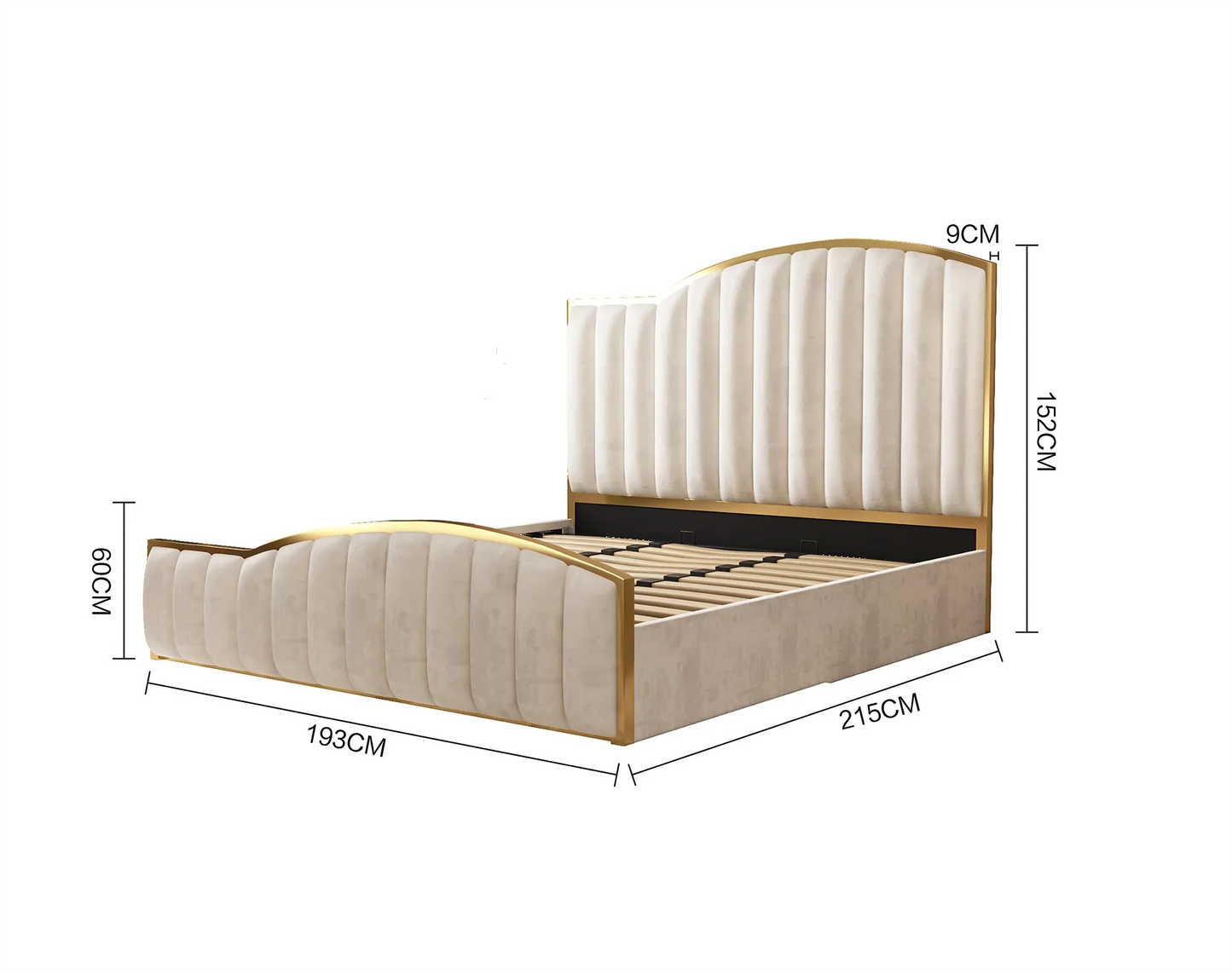 Elegant Luxury King Size Bedframe in Beige with Gas Lift Storage Velvet Fabric Golden Trim - Mekamart Australia