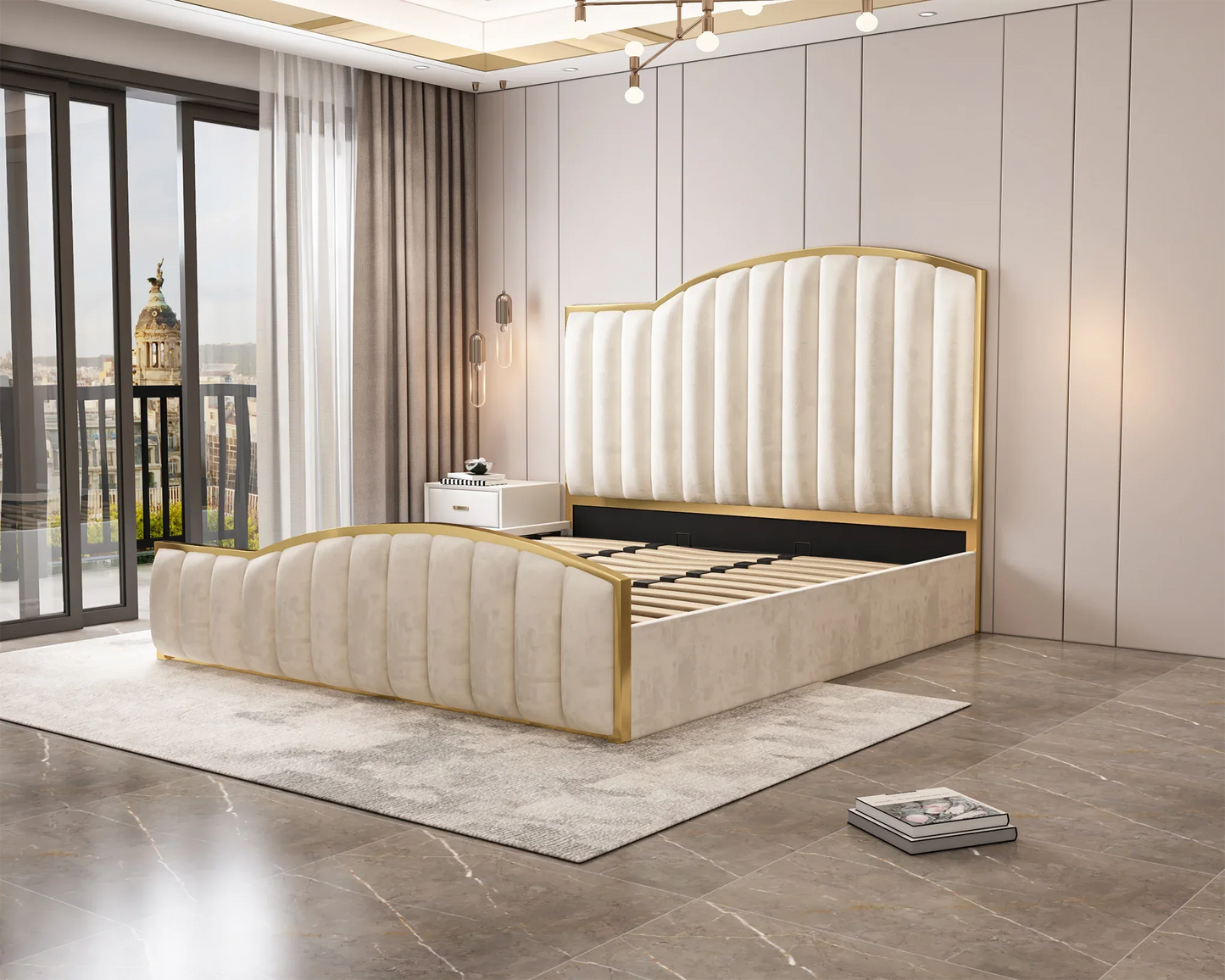 Elegant Luxury King Size Bedframe in Beige with Gas Lift Storage Velvet Fabric Golden Trim - Mekamart Australia