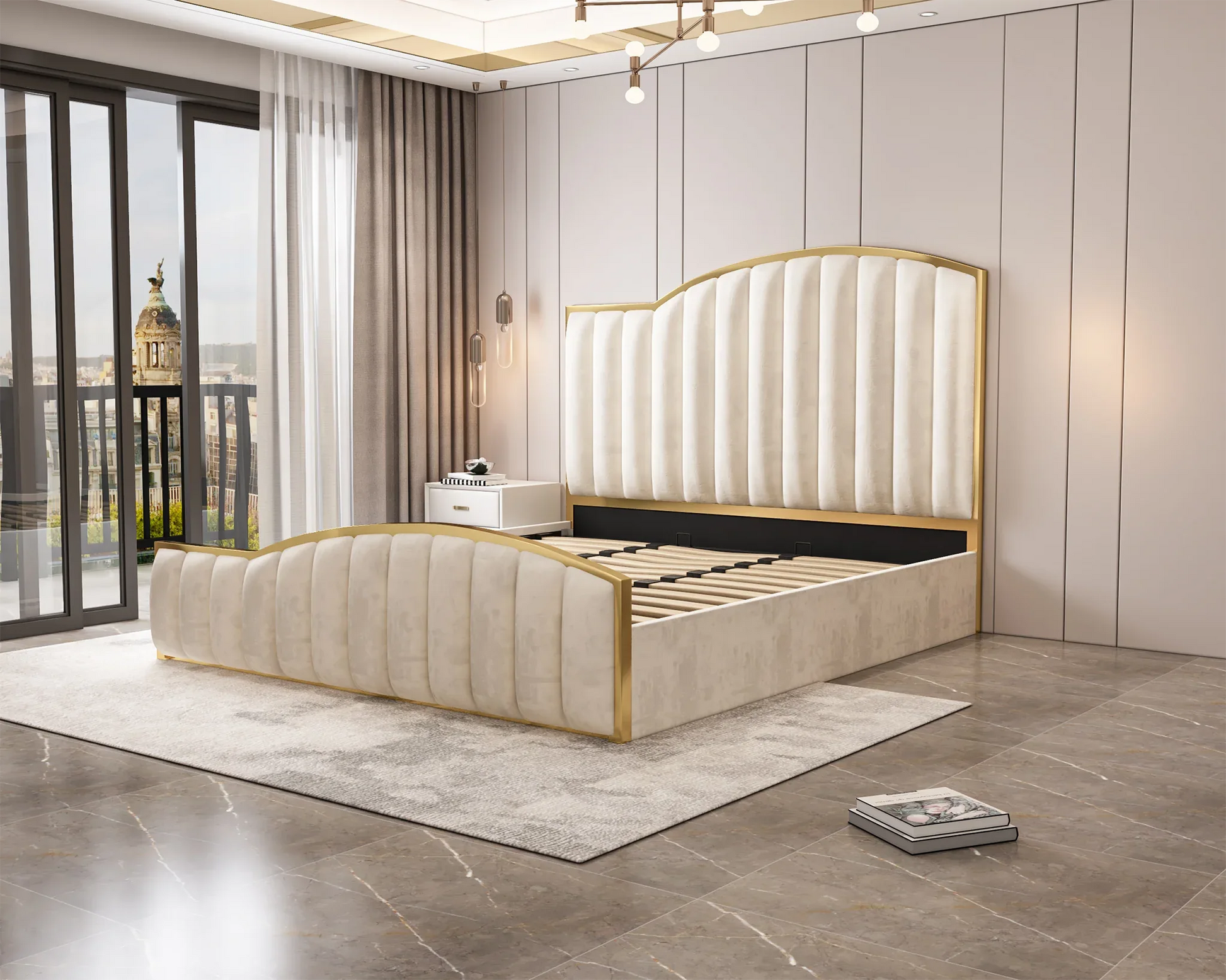 Elegant Luxury King Size Bedframe in Beige with Gas Lift Storage Velvet Fabric Golden Trim - Mekamart Australia