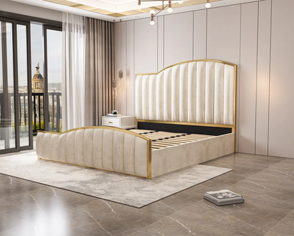 Elegant Luxury King Size Bedframe in Beige with Gas Lift Storage Velvet Fabric Golden Trim - Mekamart Australia