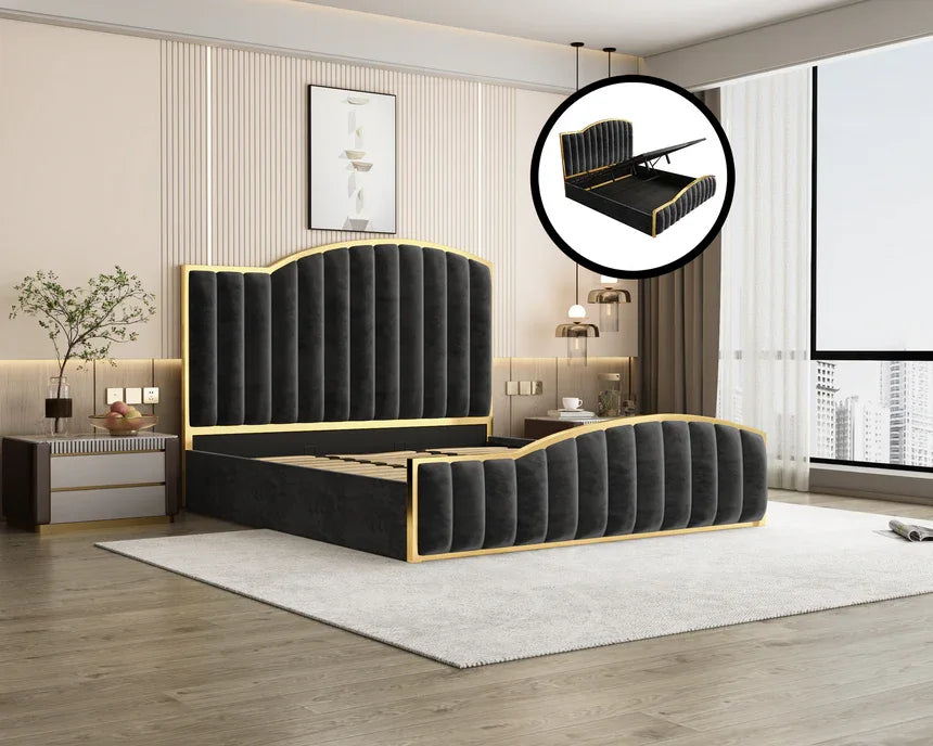 Elegant King Bedframe Charcoal Velvet Fabric with Gas Lift Storage and Golden Trim - Mekamart Australia