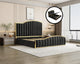 Elegant King Bedframe Charcoal Velvet Fabric with Gas Lift Storage and Golden Trim - Mekamart Australia