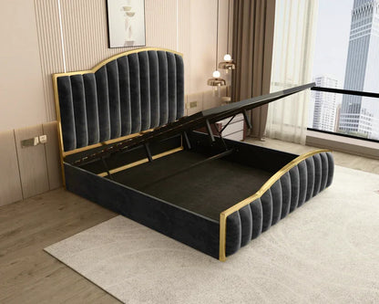 Elegant King Bedframe Charcoal Velvet Fabric with Gas Lift Storage and Golden Trim - Mekamart Australia