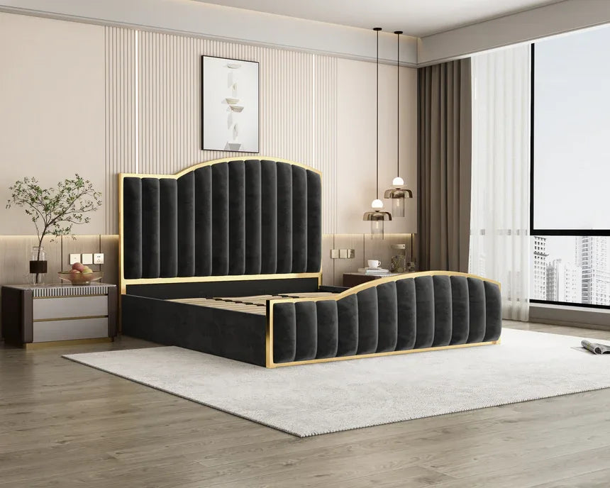 Elegant King Bedframe Charcoal Velvet Fabric with Gas Lift Storage and Golden Trim - Mekamart Australia
